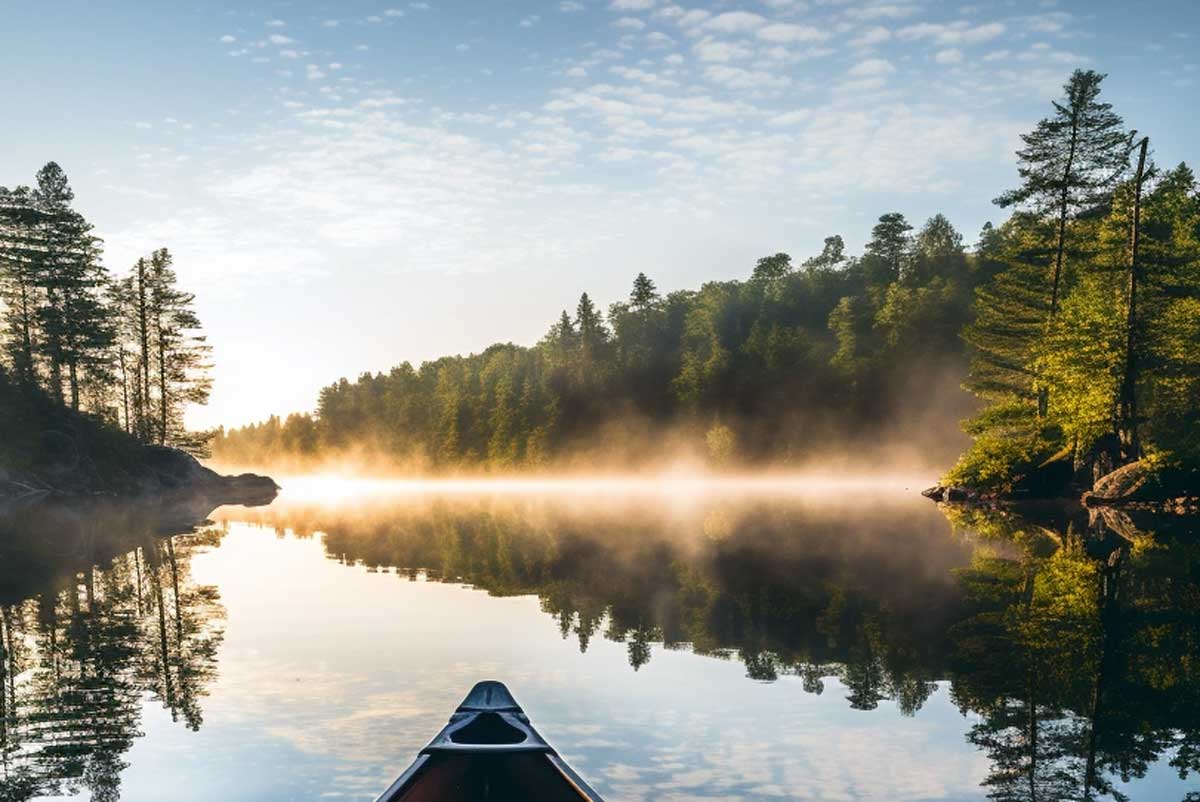 Canoeing on the glassy lake at sunrise is pure magic. The water is so still and the fog adds an eerie beauty to the landscape.